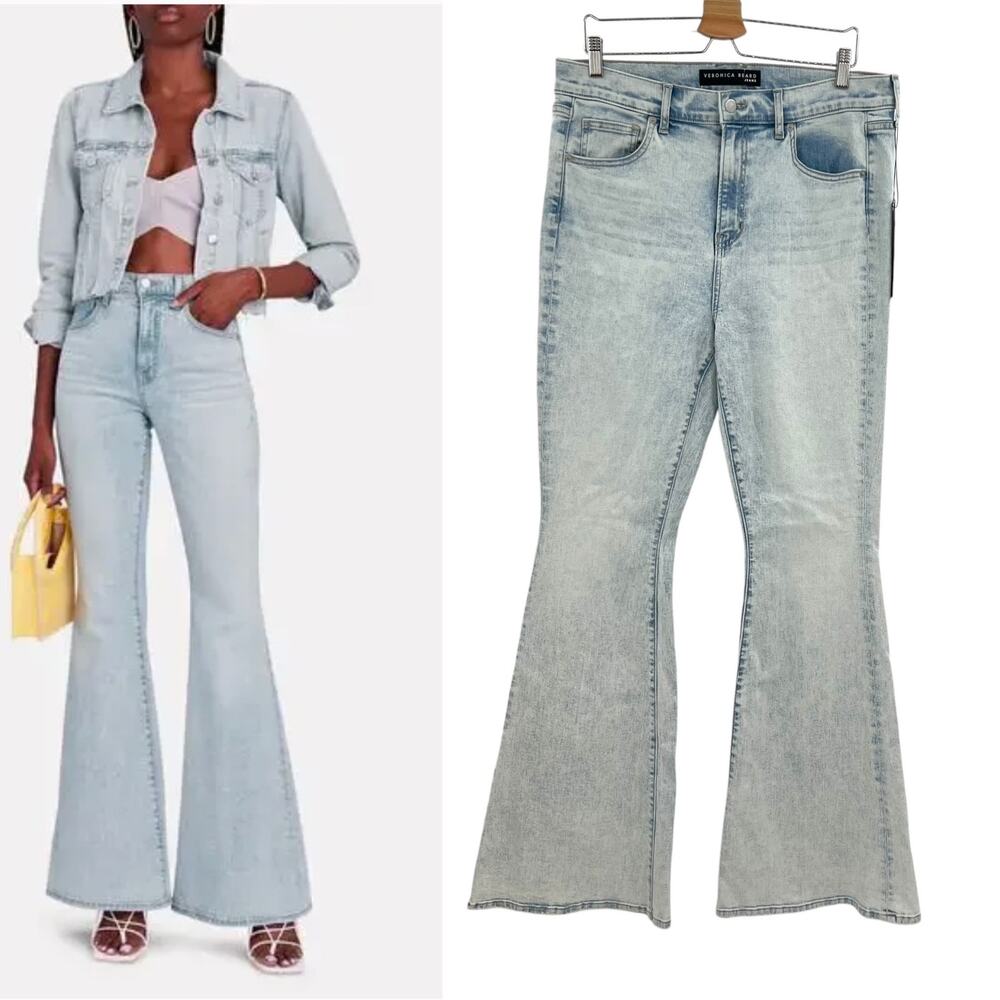 Veronica Beard Sheridan Exaggerated Flare Jeans High Rise Denim Sky Blue Size 15
